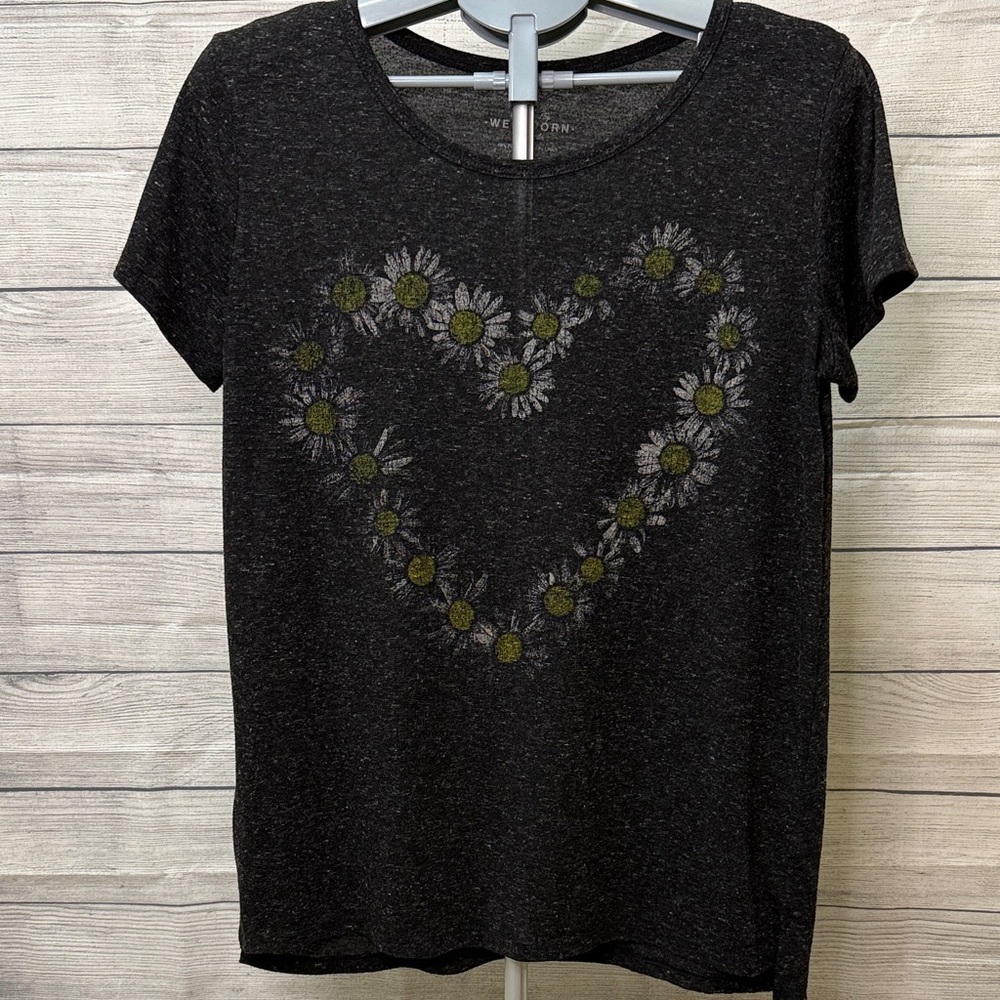 Floral Heart/Daisy Graphic Women's Black Burnout Short Sleeve Tee, worn once